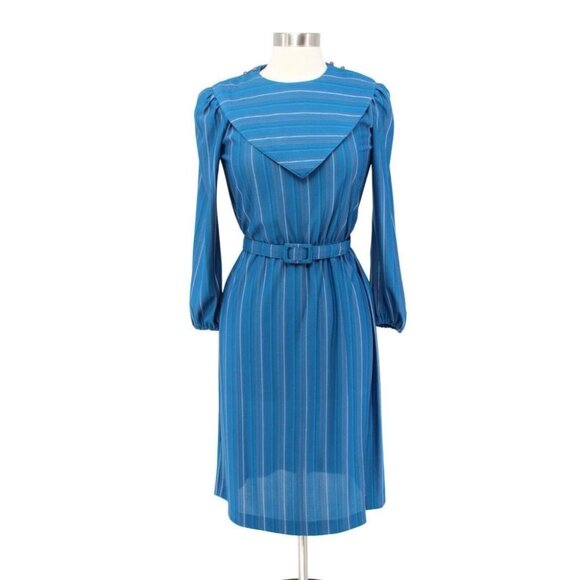 Vintage 90s SL Petites Blue Striped Chiffon Flap Collar Belted Dress Size 10 - Picture 1 of 6